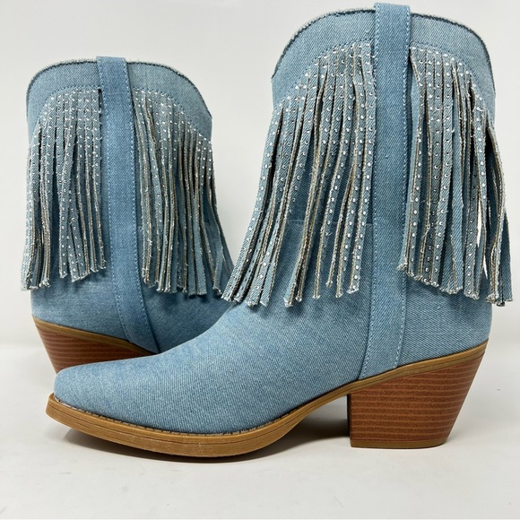 Sugar Light Blue Fringe Ankle Boots - Picture 4 of 11